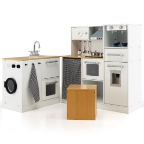 Juego de Cocina de 2 Piezas Cocina de Juguete de Madera Infantil Cocinita para Niños con Sonidos Reales Luz Taburete Cafetera Dispensador