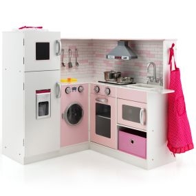 Cocina de Juguete de Madera para Niños Juguete de Cocinita con Delantal Gorro de Cocinero Accesorios para Ollas Fabricador de Hielo