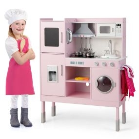 Juguete de Cocina de Madera para Niños de 3+ Años con Campana Extractora Máquina de Hielo Teléfono 16 Accesorios Sonidos Luces Reales Rosa
