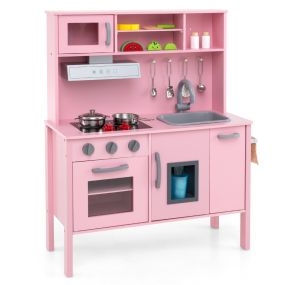 Cocina de Madera de Juguete para Niños con Microondas Campana Extractora Estufas Fregadero Fabricador de Hielo y 18 Accesorios Rosa