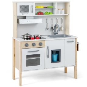 Cocina Juguete Madera con Microondas Campana Hornillos Fregadero Horno Fabricador Hielo 18 Accesorios Mandos Sonidos y Toallero Blanco