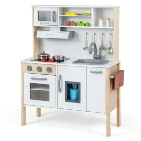 Cocina de Madera de Juguete para Niños con Microondas Campana Extractora Estufas Fregadero Fabricador de Hielo y 18 Accesorios Blanco