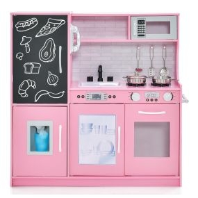 Cocina de Juguete para Niños con Pizarra Teléfono y Sonidos Simulados Múltiples Accesorios de Madera para Edades 3-6 Años Rosa