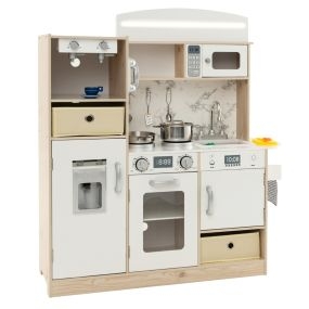 Juego de Cocina Infantil Cocinita de Juguete de Madera con Luces LED Ajustables Bandejas y Estantes de Tela Extraíbles Cocina Blanco