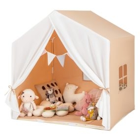 Tienda de Juegos Infantil con Colchoneta Lavable y Ventanas Estructura de Madera Maciza 131 x 91 x 131 cm-Marrón claro
