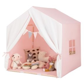 Tienda de Juegos Infantil con Colchoneta Lavable y Ventanas Estructura de Madera Maciza 131 x 91 x 131 cm-Rosa