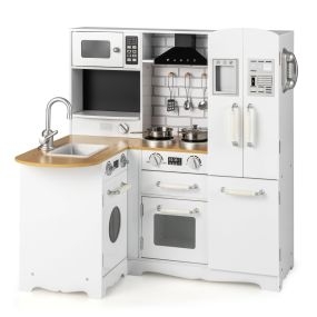 Juego de Cocina Lujoso de Esquina de Madera para Niños Pequeños con Estufa Campana Teléfono Lindo Refrigerador Lateral Lavadora Blanco