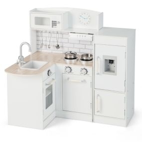 Juego de Cocina Primaria de Madera para Niños con Fregadero Estufa Campana Extractora Refrigerador Separado Dispensador de Agua Blanco