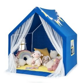 Tienda de Campaña Infantil de Juego con Alfombra de Algodón Lavable Luces de Estrellas Ventanas 122 x 105 x 125 cm-Azul