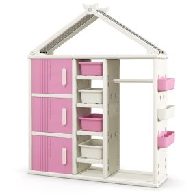 Armario de Almacenamiento para Niños Vestidor de Juego Infantil con Caja Estantes Cesta Lateral-Rosa