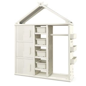 Armario de Almacenamiento para Niños Vestidor de Juego Infantil con Caja Estantes Cesta Lateral-Blanco