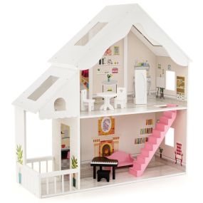 Juguete de Casa de Muñecas de Madera para Niños de 3+ Años con Muebles y Habitaciones Juego de Casa de Ensueño 81 x 30 x 86 cm Blanco