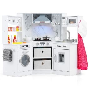 Cocina de Madera para Niños con Luces y Sonidos Campana Iluminada Sistema de Agua con Dispensador y Lavadora para 3+ Años Blanco