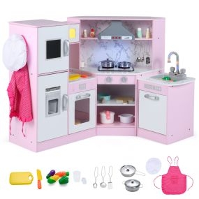 Juego de Cocina de Esquina de Madera con Lavabo Separado Sonidos y Luces Divertidos para Niños 3+ Años Rosa