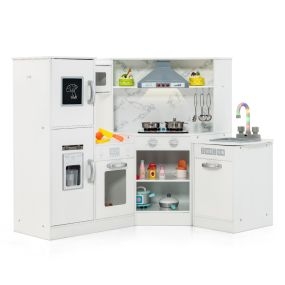 Juego de Cocina de Esquina de Madera con Lavabo Separado Sonidos y Luces Divertidos para Niños 3+ Años-Blanco