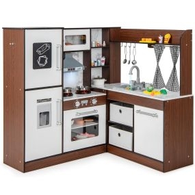 Cocina de Juguete de Esquina con Luces y Sonidos Sistema de Agua Cortinas y Cestas Almacenamiento y Accesorios Café