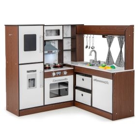Cocina de Juguete de Esquina de Madera para Niños con Luces y Sonidos Sistema de Circulación de Agua Cortinas Enrollables y Accesorios