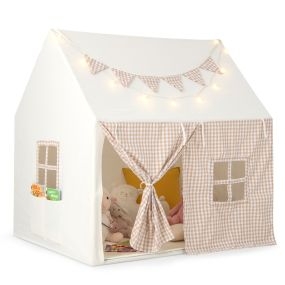 Tienda de Juegos para Niños de 3-8 Años con Tapete Acolchado y 2 Bolsillos de Almacenamiento Luces de Estrellas Pancarta de Bandera Beige