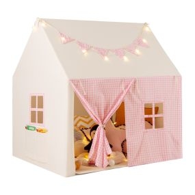 Tienda de Campaña Infantil con Tapete Acolchado 2 Ventanas y 2 Bolsillos de Almacenamiento Luces de Estrellas y Pancarta de Bandera Rosa