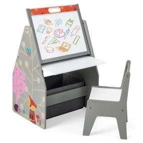 Juego de Mesa y Silla para Niños con 2 Contenedores de Tela Extraíbles Pizarras Magnéticas y Pizarra Blanca para Jugar Dibujar Gris