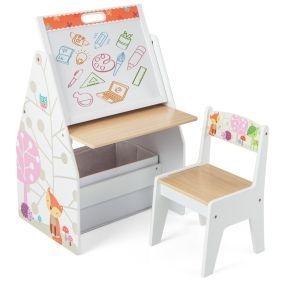 Juego de Mesa y Silla para Niños con 2 Contenedores de Tela Extraíbles Pizarras Magnéticas y Pizarra Blanca para Jugar Dibujar Blanco