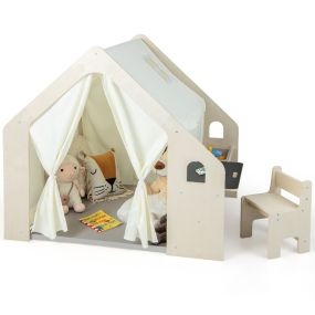 6 en 1 Tienda de 131 cm de Juegos para Niños de 2-6 Años con Pizarra Marco de Madera Cortinas Mesa de Escritorio Silla Estante Beige