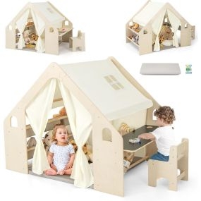 Casa de juego 6 en 1 de madera con pizarra, escritorio, silla, 6 canastas, alfombra y cortinas beige para niños 2-6 años