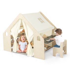 6 en 1 Tienda de 143 cm de Juegos para Niños de 2-6 Años con Pizarra Marco de Madera Cortinas Mesa de Escritorio Silla Estante Beige