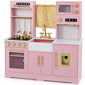 Juego de Cocina para Niños con Cafetera Dispensador de Agua Estufa Fregadero Grifo para Niños Mayores de 3 Años 90 x 30 x 90 cm Rosa Claro