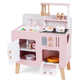 Cocina de Juguete de Madera para Niños con Fogones Fregadero Grifo Horno y Accesorios para Juego de Simulación 3+ Años Rosa
