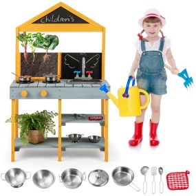 Juego de Cocina para Niños 3+ Años con Macetero Visor de Raíces Grifo Giratorio Fregadero Extraíble Pizarras Accesorios de Utensilios-Azul