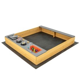 Caja de Arena de Madera para Niños de 3-8 Años con Accesorios Asiento de Banco Incorporado Revestimiento Inferior para Patio Natural