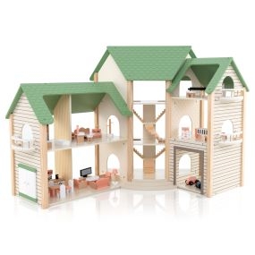 Juego de Casa de Muñecas Esquinera de Madera con 36 Muebles y Accesorios 3 Pisos 6 Habitaciones Balcones para Niños 3+ Años Techo Verde