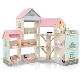 Juego de Casa de Muñecas Esquinera de Madera con 41 Muebles y Accesorios 3 Pisos 6 Habitaciones Patio Garaje para Niños 3+ Años Techo Rosa