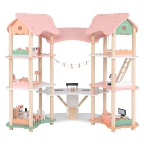Casa de Muñecas de Madera Juguete para Niños 3-8 Años de 7 Habitaciones 3 Niveles 32 Piezas de Accesorios de Muebles Realistas Techo Rosa