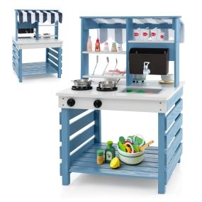 Cocina de Juguete y Puesto de Comestibles con Estufas de Madera Fregadero Caja de Agua Grifo Utensilios de Cocina Juego para Niños 3+ Años