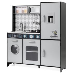 Cocina de Juguete Madera con Máquina de Hielo Estufa Lavadora Horno Microondas Sonidos y Luces Reales para Niños 3+ Años Gris
