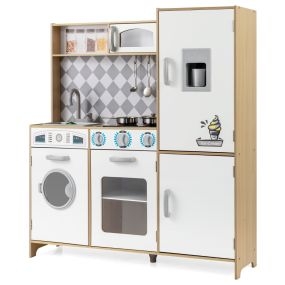 Cocina de Juguete Madera con Máquina de Hielo Estufa Lavadora Horno Microondas Sonidos y Luces Reales para Niños 3+ Años Madera