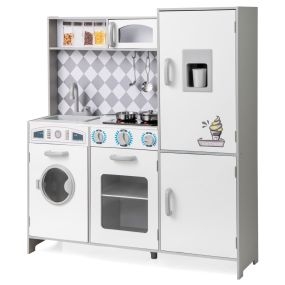 Cocina de Juguete para Niños 3+ Años Juego de Madera con Máquina de Hielo Estufa Lavadora Horno Microondas Sonidos y Luces Reales Blanco
