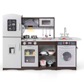 Juego de Cocina para Niños Cocina de Juguete con Luz Sonidos Fogón Fregadero Máquina de Hielo Microondas Lavadora Campana Accesorios Marrón