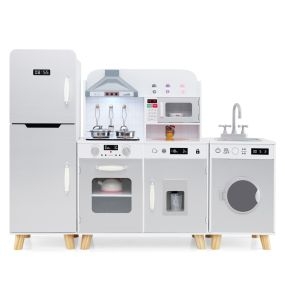 Set de cocina infantil 3 en 1 con refrigerador, lavadora, máquina de hielo, estufa, fregadero y horno gris con luces y sonidos