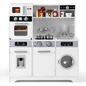 Cocina de juguete de madera para niños con fregadero, grifo, microondas, horno, lavadora, luces y sonidos, blanco