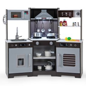 Cocina de Juego para Niños Set de Juguete de Madera con Campana Extractora Dispensador de Hielo Fregadero Grifo Microondas Horno Marrón