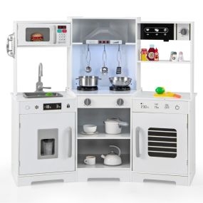 Cocina de Juego para Niños Set de Juguete de Madera con Campana Extractora Dispensador de Hielo Fregadero Grifo Microondas Horno Blanco