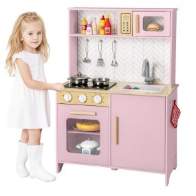 Conjunto de cocina de juguete de madera para niños con luces y sonidos rosa