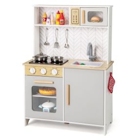 Conjunto de Cocina de Juguete para Niños Cocina de Madera con Luces Sonidos Microondas Estufas Fregadero Horno y Accesorios Blanco