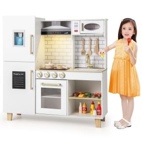 Juego de Cocina de Juguete para Niños de Madera con Luces y Sonidos Máquina de Hielo Campana Extractora Pizarra para Niños 3+ Años Blanco