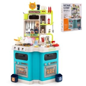 Juego de Cocina para Niños Set de Cocina de Esquina con Luces y Sonidos Realistas Fogón con Vapor Fregadero de Juguete y 75 Accesorios Azul