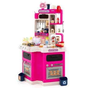 Juego de Cocina para Niños Set de Cocina de Esquina con Luces y Sonidos Realistas Fogón con Vapor Fregadero de Juguete y 75 Accesorios Rosa
