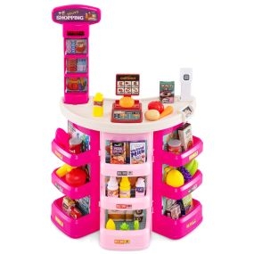 Set de Supermercado para Niños con Carro de Compras Báscula y Escáner con Luz Sonido 29 Piezas de Alimentos y Accesorios Juego de Rol para Niños de 3 Años o Más Rosa